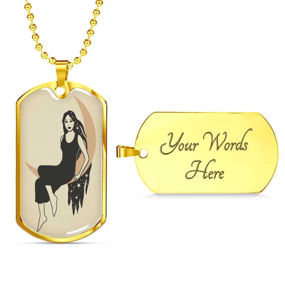 Celestial Woman On Moon Necklace Stainless Steel Or 18k Gold Dog Tag 24" Chain